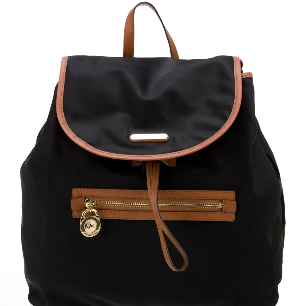 Michael Kors Black and Tan Backpack with Leather Accents